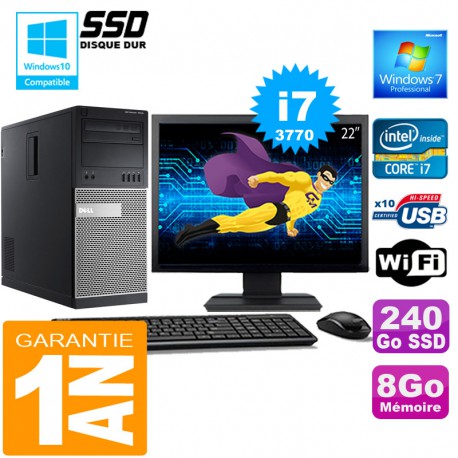 PC Tour DELL 7010 Core I7-3770 Ram 8Go Disque 240 Go SSD Wifi W7 Ecran 22"