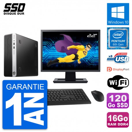 PC HP ProDesk 400 G4 SFF Ecran 22" G4400 RAM 16Go SSD 120Go Windows 10 Wifi