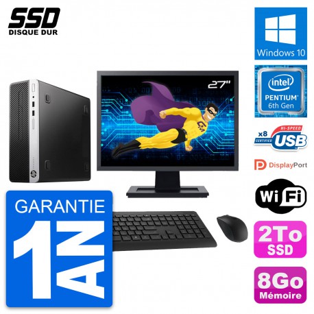 PC HP ProDesk 400 G4 SFF Ecran 27" Pentium G4400 RAM 8Go SSD 2To Windows 10 Wifi