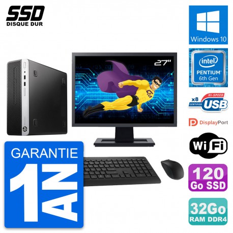 PC HP ProDesk 400 G4 SFF Ecran 27" G4400 RAM 32Go SSD 120Go Windows 10 Wifi
