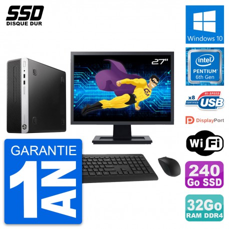 PC HP ProDesk 400 G4 SFF Ecran 27" G4400 RAM 32Go SSD 240Go Windows 10 Wifi