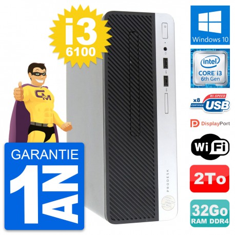 PC HP ProDesk 400 G4 SFF Intel Core i3-6100 RAM 32Go Disque 2To Windows 10 Wifi