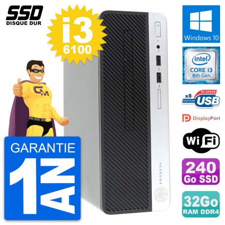 PC HP ProDesk 400 G4 SFF Intel Core i3-6100 RAM 32Go SSD 240Go Windows 10 Wifi