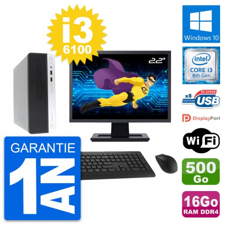 PC HP 400 G4 SFF Ecran 22" Intel i3-6100 RAM 16Go Disque 500Go Windows 10 Wifi