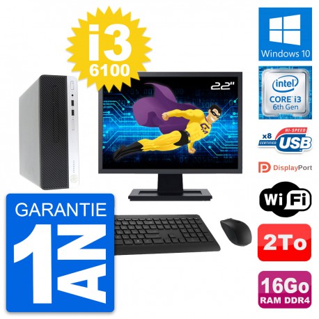 PC HP 400 G4 SFF Ecran 22" Intel i3-6100 RAM 16Go Disque Dur 2To Windows 10 Wifi