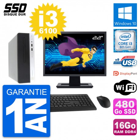 PC HP ProDesk 400 G4 SFF Ecran 22" i3-6100 RAM 16Go SSD 480Go Windows 10 Wifi