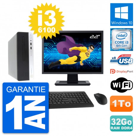 PC HP 400 G4 SFF Ecran 22" Intel i3-6100 RAM 32Go Disque Dur 1To Windows 10 Wifi