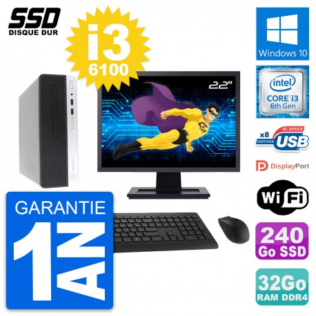 PC HP ProDesk 400 G4 SFF Ecran 22" i3-6100 RAM 32Go SSD 240Go Windows 10 Wifi