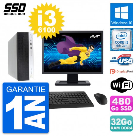 PC HP ProDesk 400 G4 SFF Ecran 22" i3-6100 RAM 32Go SSD 480Go Windows 10 Wifi
