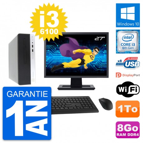PC HP ProDesk 400 G4 SFF Ecran 27" i3-6100 RAM 8Go Disque 1To Windows 10 Wifi