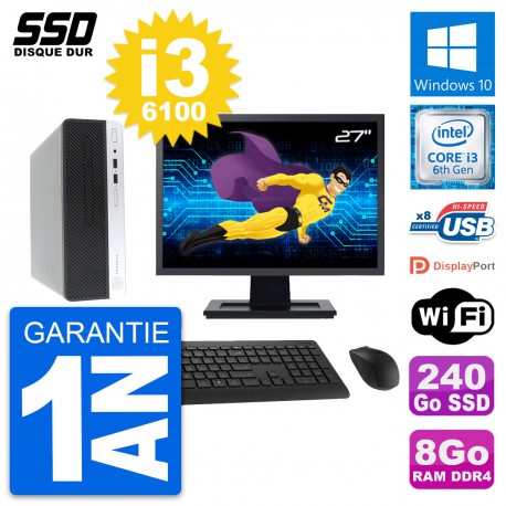 PC HP 400 G4 SFF Ecran 27" Intel Core i3-6100 RAM 8Go SSD 240Go Windows 10 Wifi