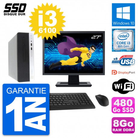 PC HP 400 G4 SFF Ecran 27" Intel Core i3-6100 RAM 8Go SSD 480Go Windows 10 Wifi