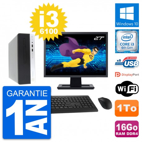 PC HP 400 G4 SFF Ecran 27" Intel i3-6100 RAM 16Go Disque Dur 1To Windows 10 Wifi