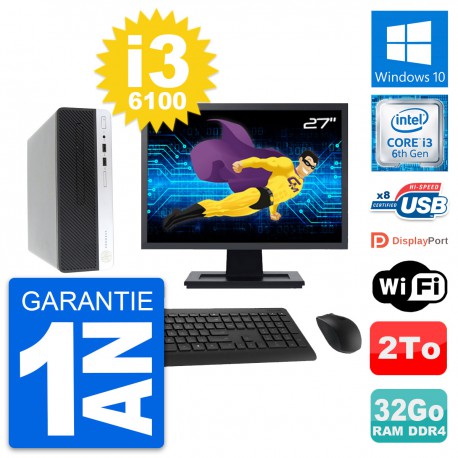PC HP 400 G4 SFF Ecran 27" Intel i3-6100 RAM 32Go Disque Dur 2To Windows 10 Wifi