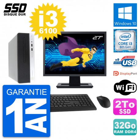 PC HP ProDesk 400 G4 SFF Ecran 27" Core i3-6100 RAM 32Go SSD 2To Windows 10 Wifi