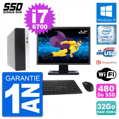 PC HP ProDesk 400 G4 SFF Ecran 22" i7-6700 RAM 32Go SSD 480Go Windows 10 Wifi