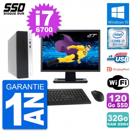 PC HP ProDesk 400 G4 SFF Ecran 27" i7-6700 RAM 32Go SSD 120Go Windows 10 Wifi