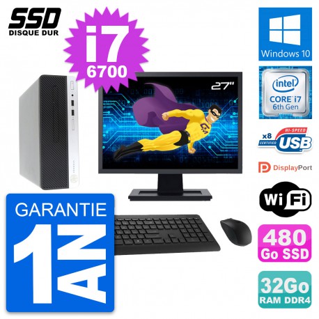 PC HP ProDesk 400 G4 SFF Ecran 27" i7-6700 RAM 32Go SSD 480Go Windows 10 Wifi