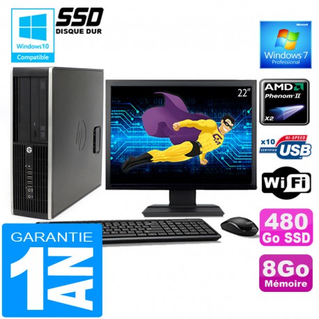 PC HP Compaq 6005 Pro SFF AMD Phenom II Ram 8Go Disque 480 Go SSD Wifi Ecran 22"