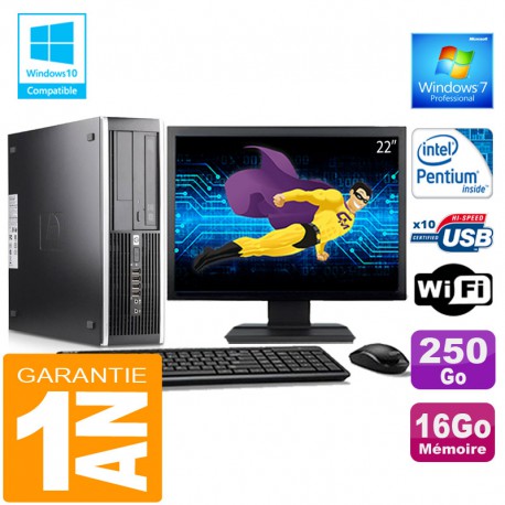 PC HP Compaq 6000 Pro SFF Intel E6300 Ram 16Go Disque 250 Go Wifi W7 Ecran 22"
