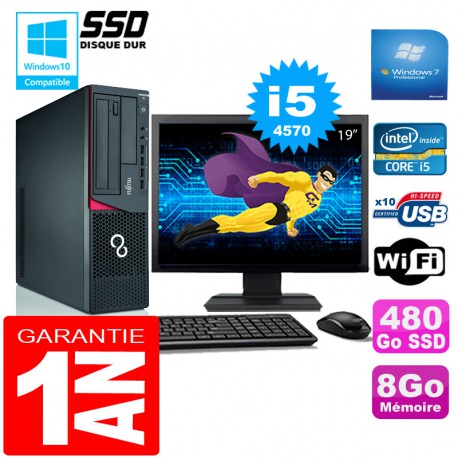 PC Fujitsu Esprimo E720 E85+ SFF I5-4570 8Go Disque 480Go SSD Wifi W7 Ecran 19"
