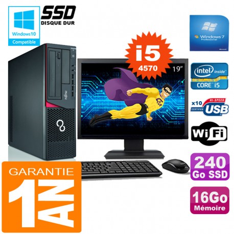 PC Fujitsu Esprimo E720 E85+ SFF I5-4570 16Go Disque 240Go SSD Wifi W7 Ecran 19"