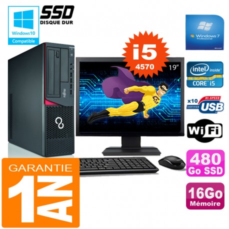 PC Fujitsu Esprimo E720 E85+ SFF I5-4570 16Go Disque 480Go SSD Wifi W7 Ecran 19"