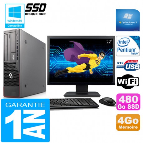PC Fujitsu Esprimo E700 E90+ SFF G840 4Go Disque 480 Go SSD Wifi W7 Ecran 22"