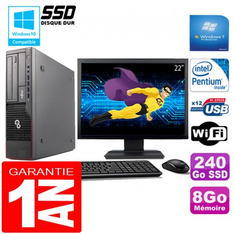 PC Fujitsu Esprimo E700 E90+ SFF G840 8Go Disque 240 Go SSD Wifi W7 Ecran 22"