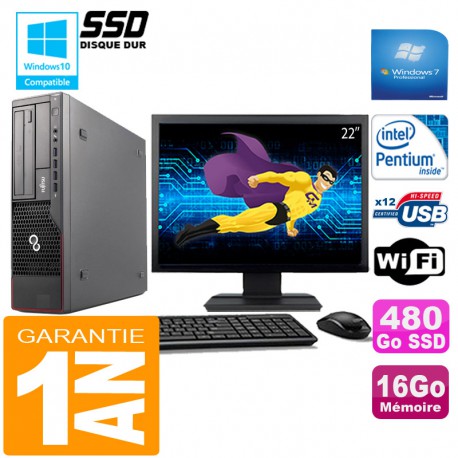 PC Fujitsu Esprimo E700 E90+ SFF G840 16Go Disque 480 Go SSD Wifi W7 Ecran 22"