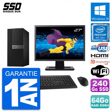 PC Tour Dell 7040 Ecran 27" Intel G4400 RAM 64Go SSD 240Go HDMI Windows 10 Wifi