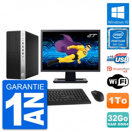 PC Tour HP 800 G3 Ecran 27" Pentium G4400 RAM 32Go Disque 1To Windows 10 Wifi