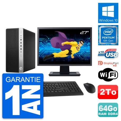 PC Tour HP 800 G3 Ecran 27" Pentium G4400 RAM 64Go Disque 2To Windows 10 Wifi