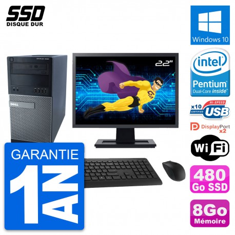 PC Tour Dell 9020 Ecran 22" Pentium G3220 RAM 8Go SSD 480Go Windows 10 Wifi