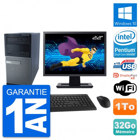 PC Tour Dell 9020 Ecran 22" Intel G3220 RAM 32Go Disque Dur 1To Windows 10 Wifi