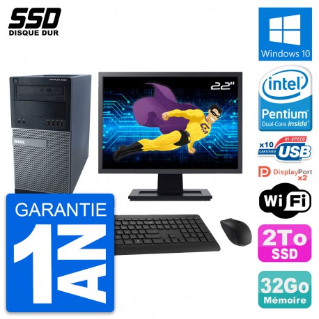 PC Tour Dell 9020 Ecran 22" Intel Pentium G3220 RAM 32Go SSD 2To Windows 10 Wifi