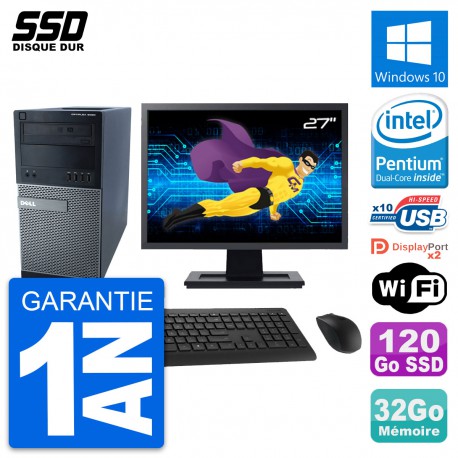 PC Tour Dell 9020 Ecran 27" Pentium G3220 RAM 32Go SSD 120Go Windows 10 Wifi