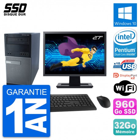 PC Tour Dell 9020 Ecran 27" Pentium G3220 RAM 32Go SSD 960Go Windows 10 Wifi