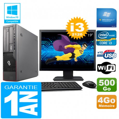 PC Fujitsu Esprimo E700 E90+ SFF Core I3-2120 4Go Disque 500Go Wifi W7 Ecran 19"