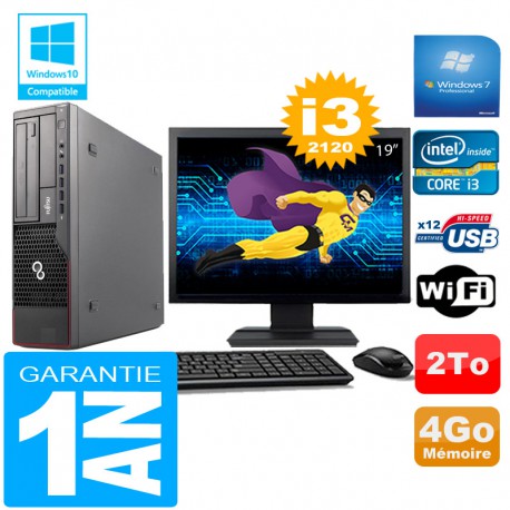 PC Fujitsu Esprimo E700 E90+ SFF Core I3-2120 4Go Disque 2 To Wifi W7 Ecran 19"