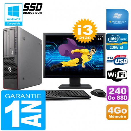 PC Fujitsu Esprimo E700 E90+ SFF I3-2120 4Go Disque 240 Go SSD Wifi W7 Ecran 22"