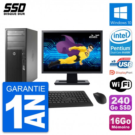PC Tour HP Z210 Ecran 22" Intel Pentium G630 RAM 16Go SSD 240Go Windows 10 Wifi