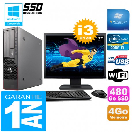 PC Fujitsu Esprimo E700 E90+ SFF I3-2120 4Go Disque 480 Go SSD Wifi W7 Ecran 27"