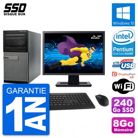 PC Tour Dell 7010 Ecran 22" Pentium G2020 RAM 8Go SSD 240Go Windows 10 Wifi
