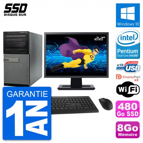 PC Tour Dell 7010 Ecran 22" Pentium G2020 RAM 8Go SSD 480Go Windows 10 Wifi