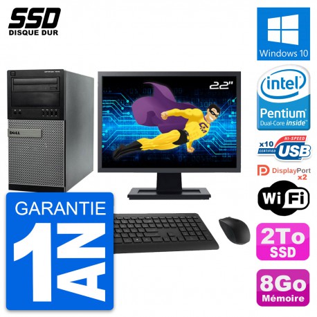 PC Tour Dell 7010 Ecran 22" Intel Pentium G2020 RAM 8Go SSD 2To Windows 10 Wifi