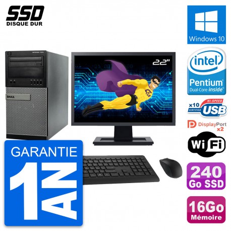 PC Tour Dell 7010 Ecran 22" Intel G2020 RAM 16Go SSD 240Go Windows 10 Wifi