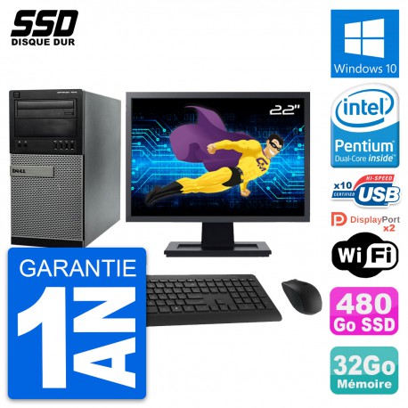 PC Tour Dell 7010 Ecran 22" Pentium G2020 RAM 32Go SSD 480Go Windows 10 Wifi