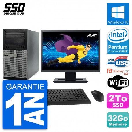 PC Tour Dell 7010 Ecran 22" Intel Pentium G2020 RAM 32Go SSD 2To Windows 10 Wifi