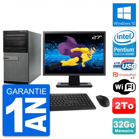 PC Tour Dell 7010 Ecran 27" Intel G2020 RAM 32Go Disque Dur 2To Windows 10 Wifi